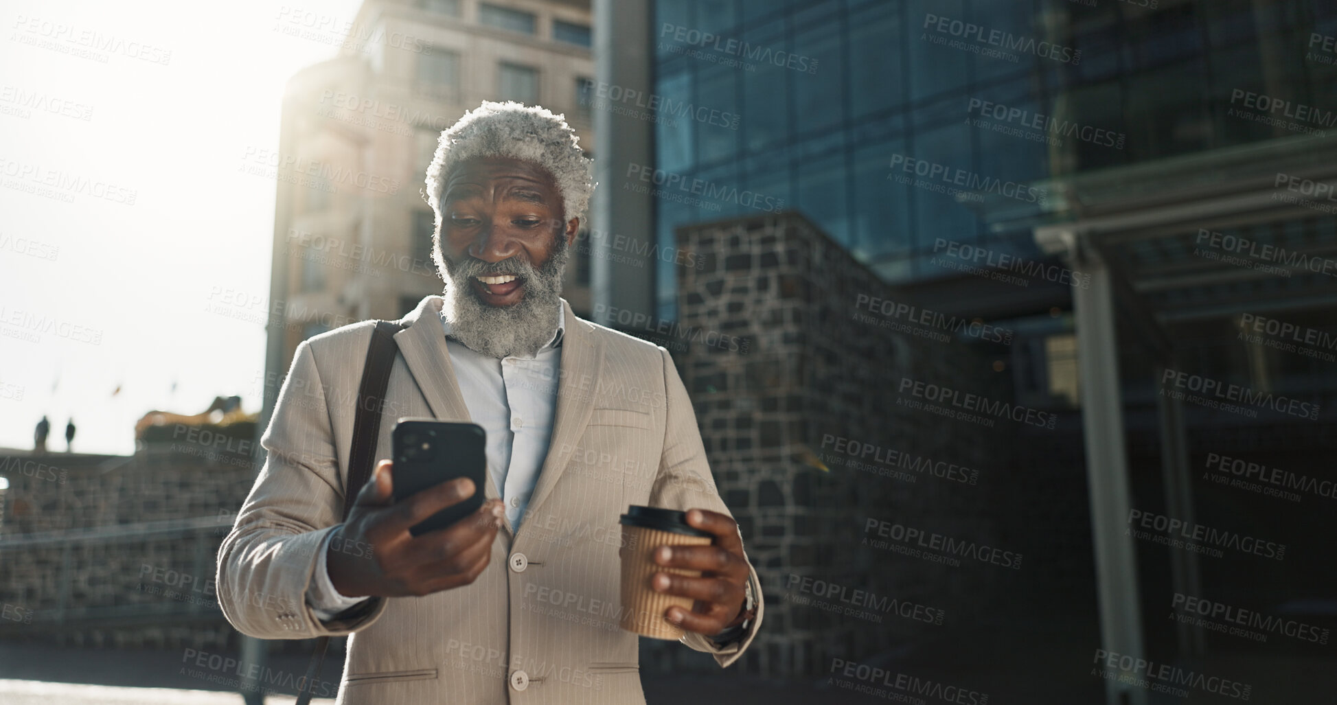 Buy stock photo Outdoor, business and old man with a smartphone, excited and cheerful with good news, prize and social media. Senior person, employee and entrepreneur with a cellphone, city and winning with victory
