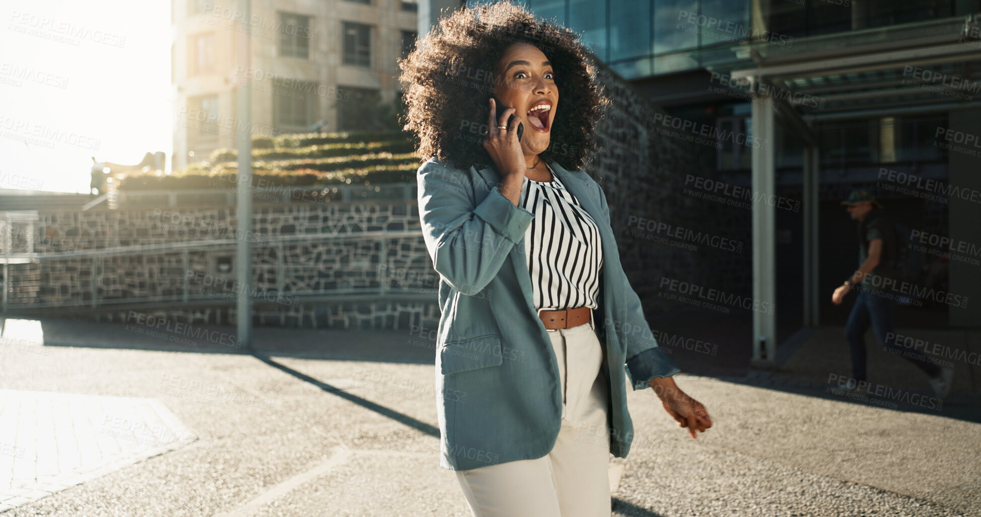 Buy stock photo Happy, jumping and business woman with phone call in the city for job promotion celebration. Smile, dancing and professional young female person excited for good news with career in urban town.