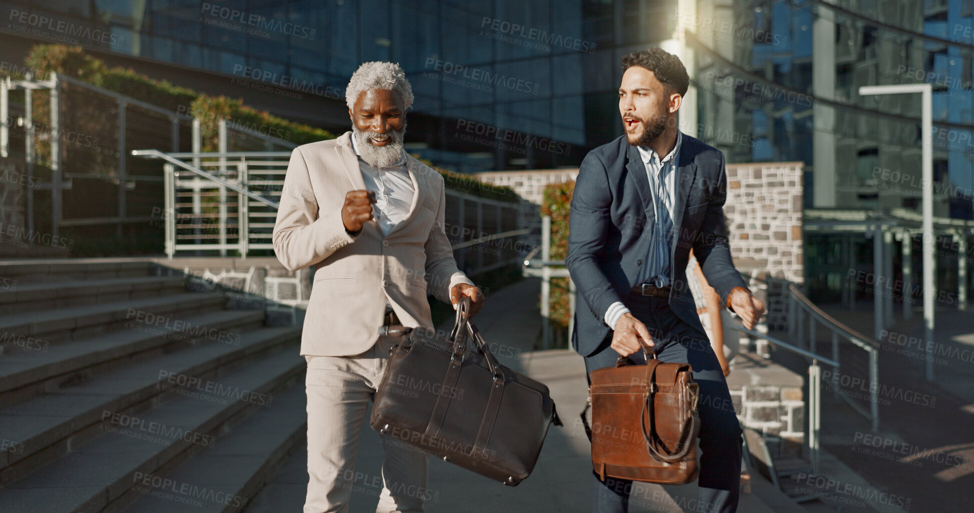 Buy stock photo Dancing, success and business men in the city in collaboration on corporate law case. Happy, teamwork and male attorney with legal manager in celebration for achievement together on stairs in town.