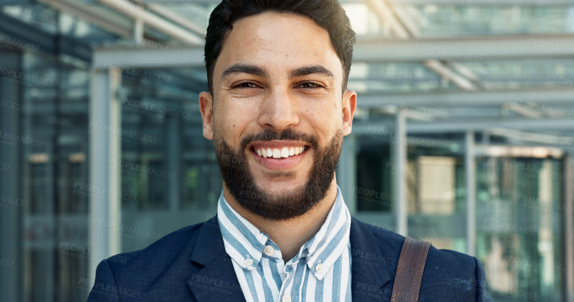 Buy stock photo Smile, face and young businessman in the city with positive, good and confident attitude for legal career. Happy, pride and portrait of professional male lawyer or attorney from Mexico in urban town.