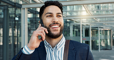 Happy businessman, phone call and communication in city for proposal or outdoor conversation. Face of man or employee smile and talking on mobile smartphone for business discussion outside building