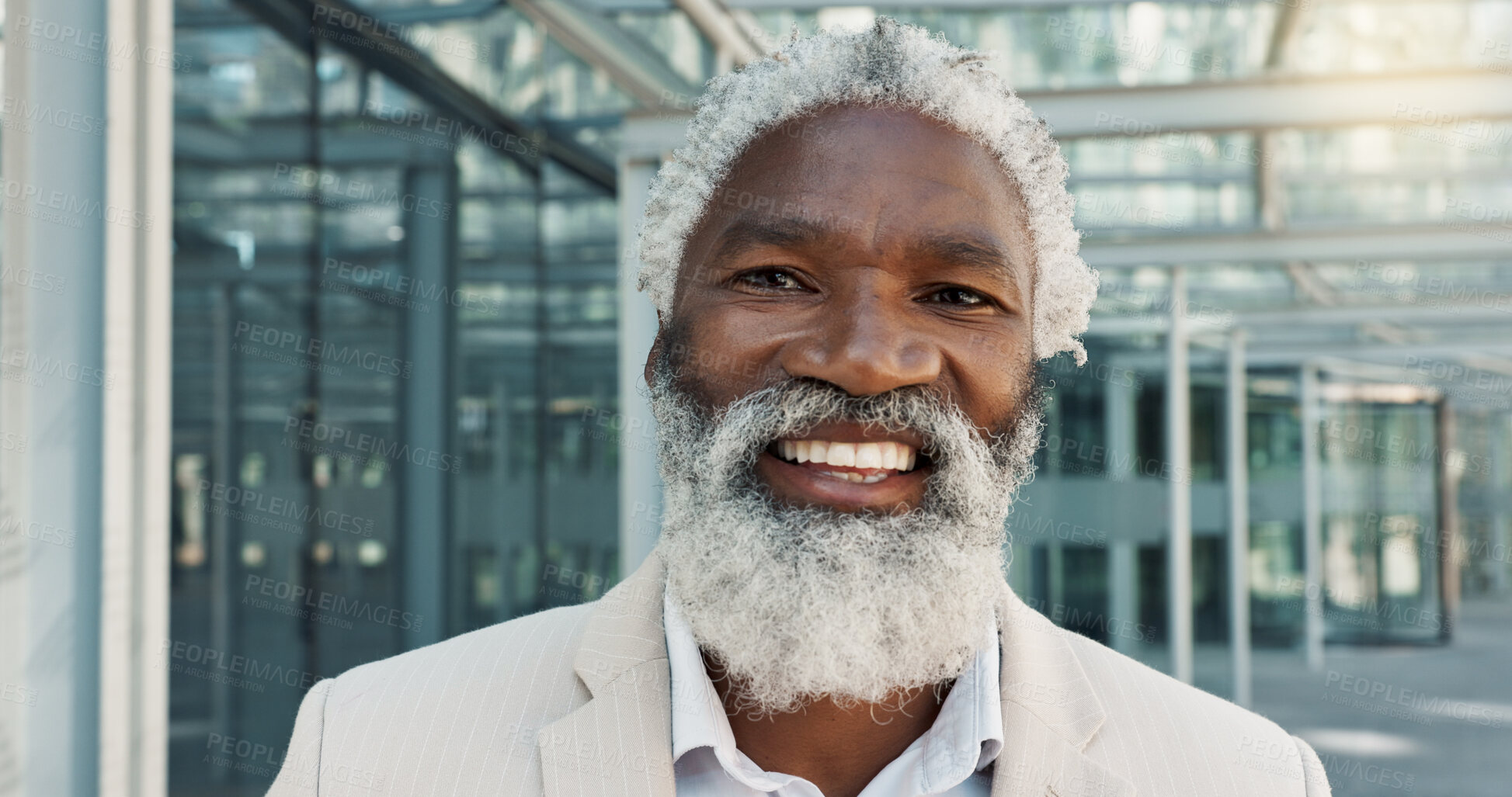 Buy stock photo Smile, face and senior businessman in city with positive, good and confident attitude for legal career. Happy, pride and portrait of professional elderly African male lawyer from Mexico in urban town