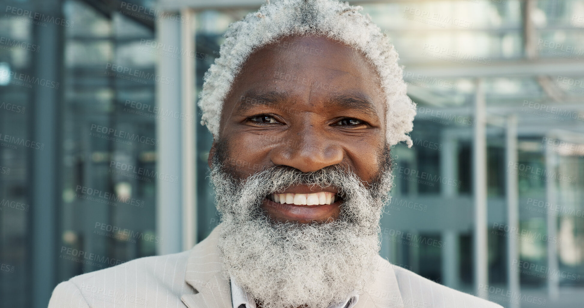 Buy stock photo Happy, face and senior businessman in city with positive, good and confident attitude for legal career. Smile, pride and portrait of professional elderly African male lawyer from Mexico in urban town