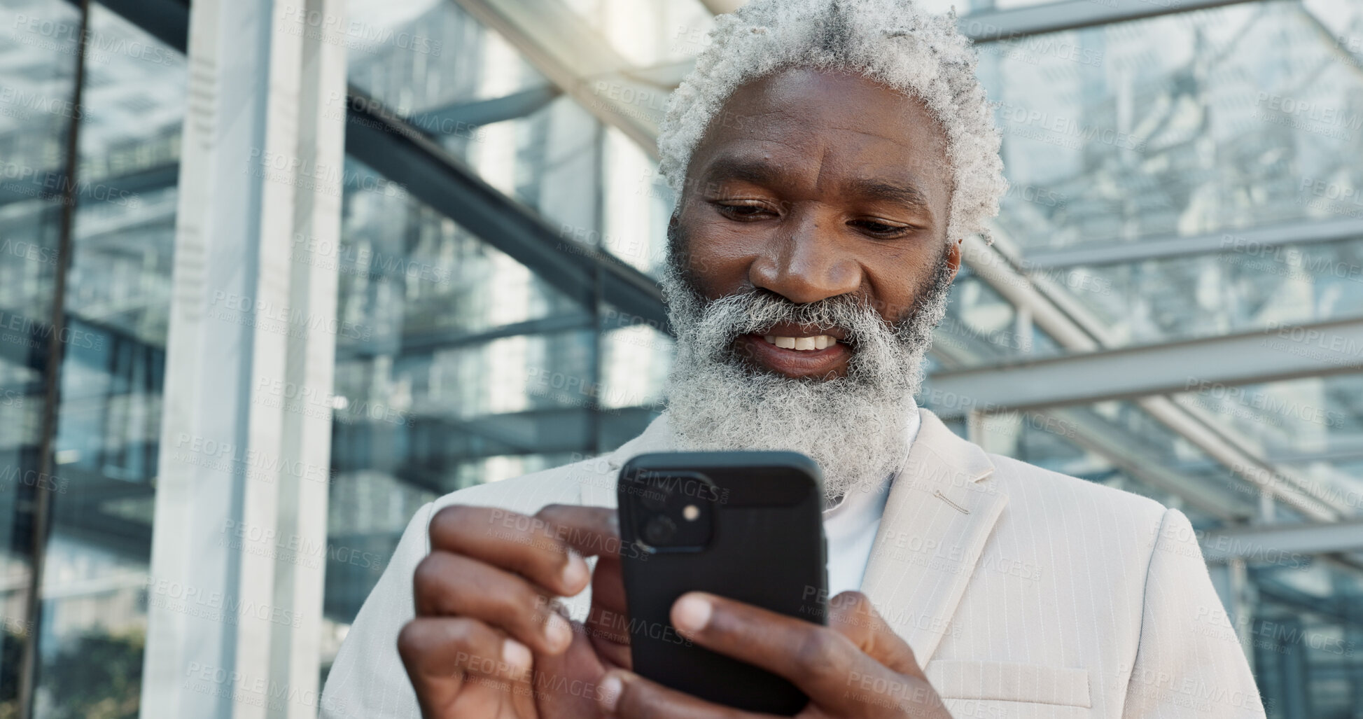 Buy stock photo Outdoor, business and senior man with cellphone, social media and connection with website information. Entrepreneur, African person and employee with smartphone, mobile user and contact with network