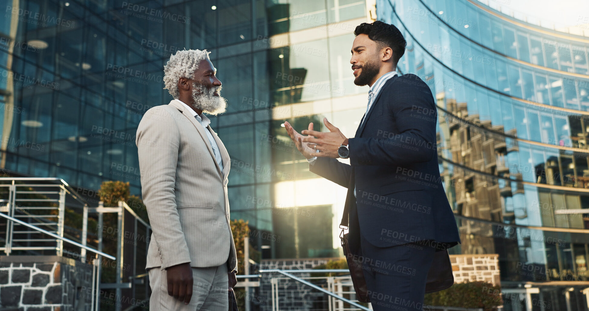 Buy stock photo Business men, friends and walk in street, check watch and ready for meeting, schedule or happy in city. Partnership, time management and direction to workplace with discussion, road or metro sidewalk