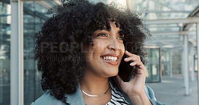 Happy black woman, phone call and business conversation in city for proposal or outdoor communication. Face of African female person, afro and smile talking on mobile smartphone in discussion outside