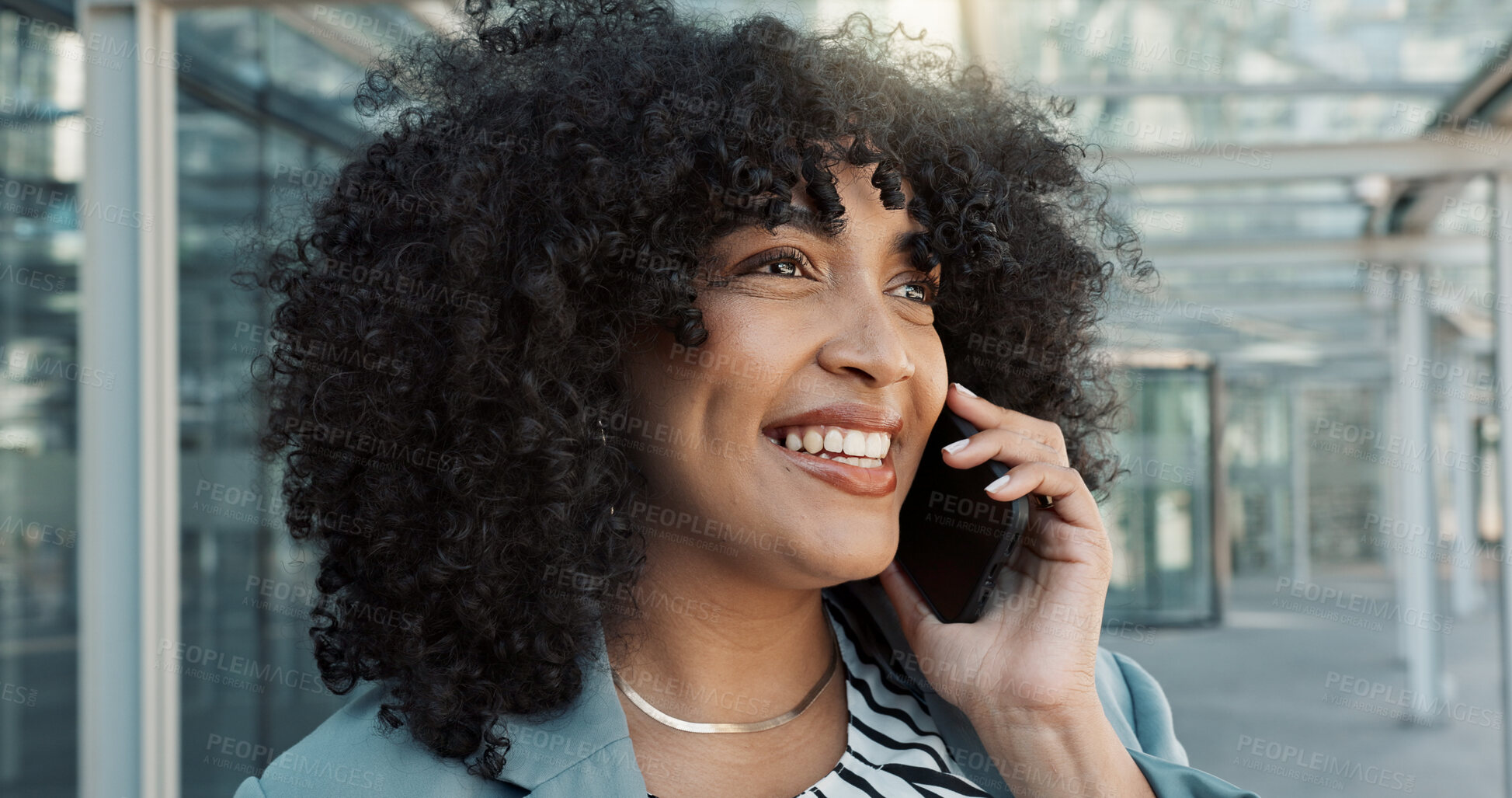 Buy stock photo Happy black woman, phone call and business conversation in city for proposal or outdoor communication. Face of African female person, afro and smile talking on mobile smartphone in discussion outside