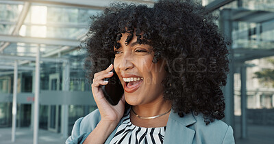 Happy black woman, phone call and laughing for funny joke, business conversation or communication in city. Face of African female person, afro and smile talking on mobile smartphone in fun discussion