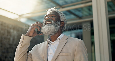 Senior black man, phone call and business in city for proposal, communication or outdoor conversation. Face of mature African businessman smile and talking on mobile smartphone for discussion outside