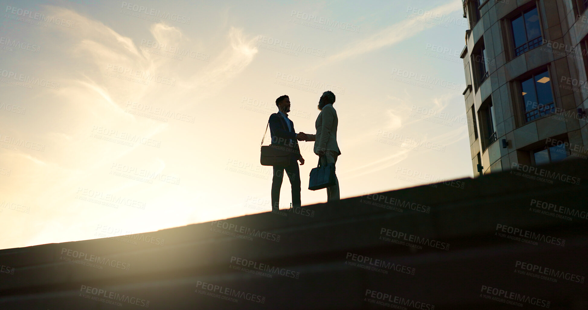 Buy stock photo Business people, handshake and city silhouette for partnership, outdoor introduction and travel meeting. Corporate clients or men shaking hands for welcome, hello and agreement or career opportunity