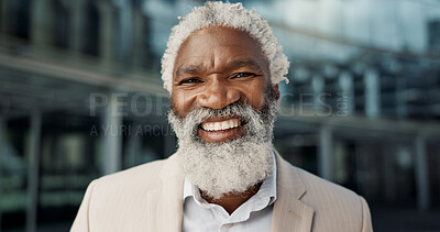 Face, smile and mature business black man in lobby of glass office for corporate employment or career closeup. Portrait, professional and confidence with happy CEO, manager or executive at work