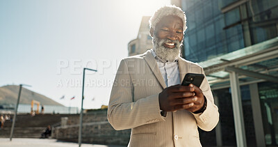 Outdoor, business or old man with cellphone, connection or mobile user with internet, typing and network. City, African person or employee with smartphone, mobile user or lens flare with social media