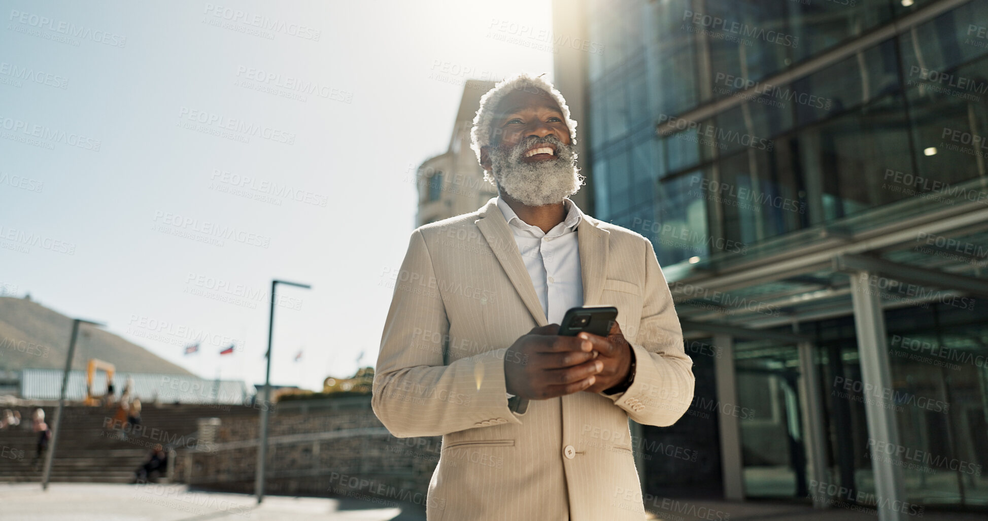 Buy stock photo Outdoor, business or old man with cellphone, connection or mobile user with internet, typing and network. City, African person or employee with smartphone, mobile user or lens flare with social media
