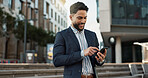 Outdoor, business and man with smartphone, typing and internet with connection, smile and network Outside, person and employee with cellphone, mobile user and social media with contact or digital app