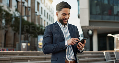 Outdoor, business and man with smartphone, typing and internet with connection, smile and network Outside, person and employee with cellphone, mobile user and social media with contact or digital app