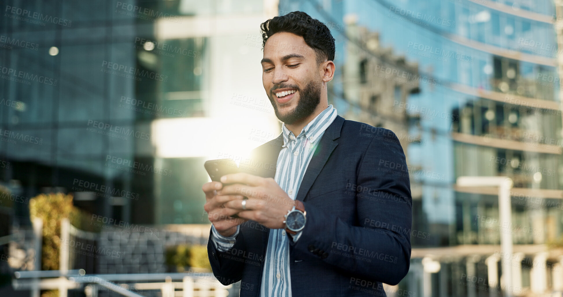 Buy stock photo Outdoor, business and man with cellphone, smile and connection with social media, internet and network. Person, city or employee with smartphone, mobile user or lens flare with contact or digital app