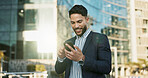 Outdoor, business and man with cellphone, smile and connection with social media, internet and network. Person, city or employee with smartphone, mobile user or lens flare with contact or digital app