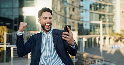 Outdoor, business and man with smartphone, winner and success with investment, wow and omg. Opportunity, African person and employee with cellphone, mobile user and lens flare with contact or network