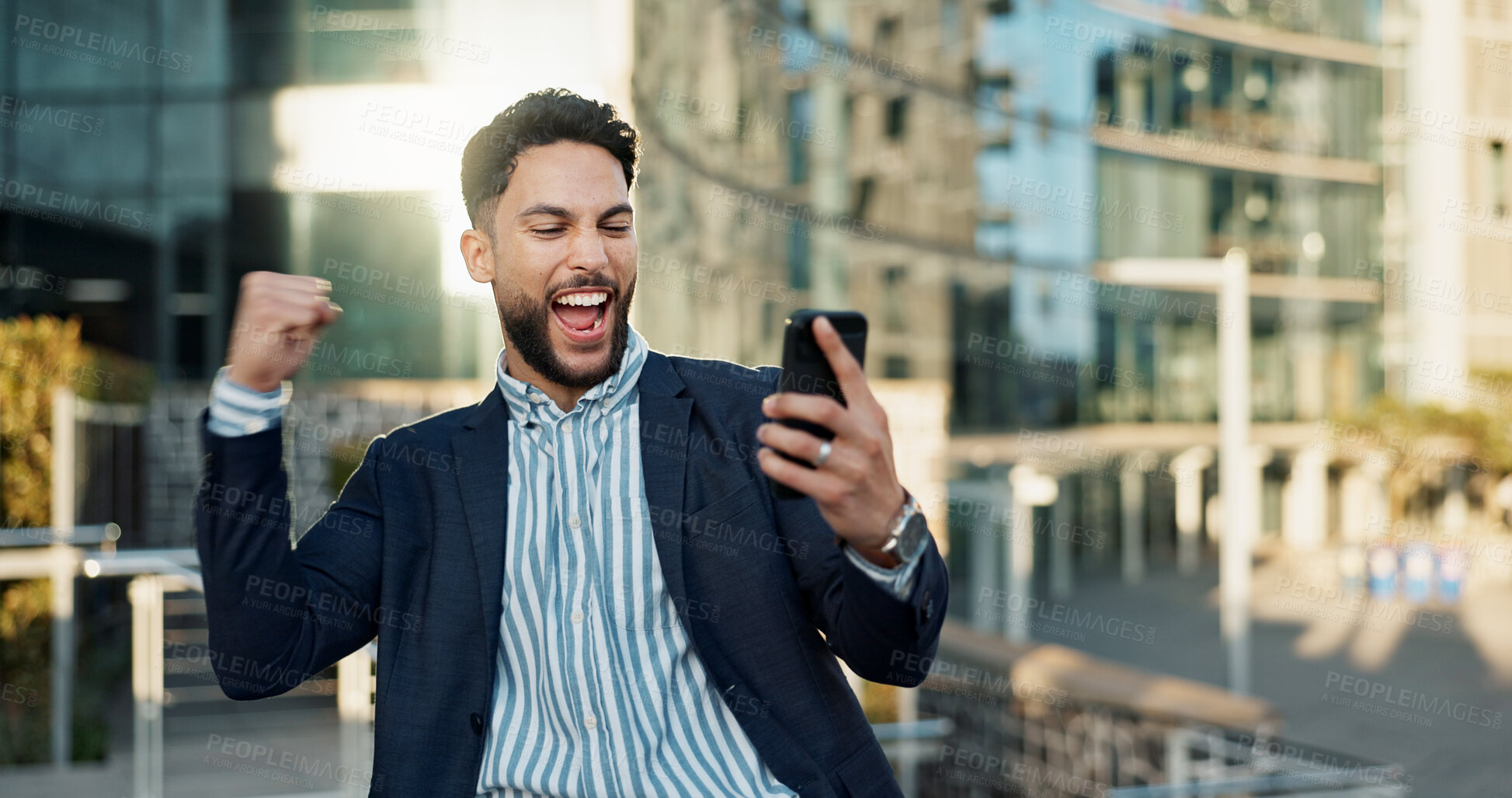 Buy stock photo Outdoor, business and man with smartphone, winner and success with investment, wow and omg. Opportunity, African person and employee with cellphone, mobile user and lens flare with contact or network