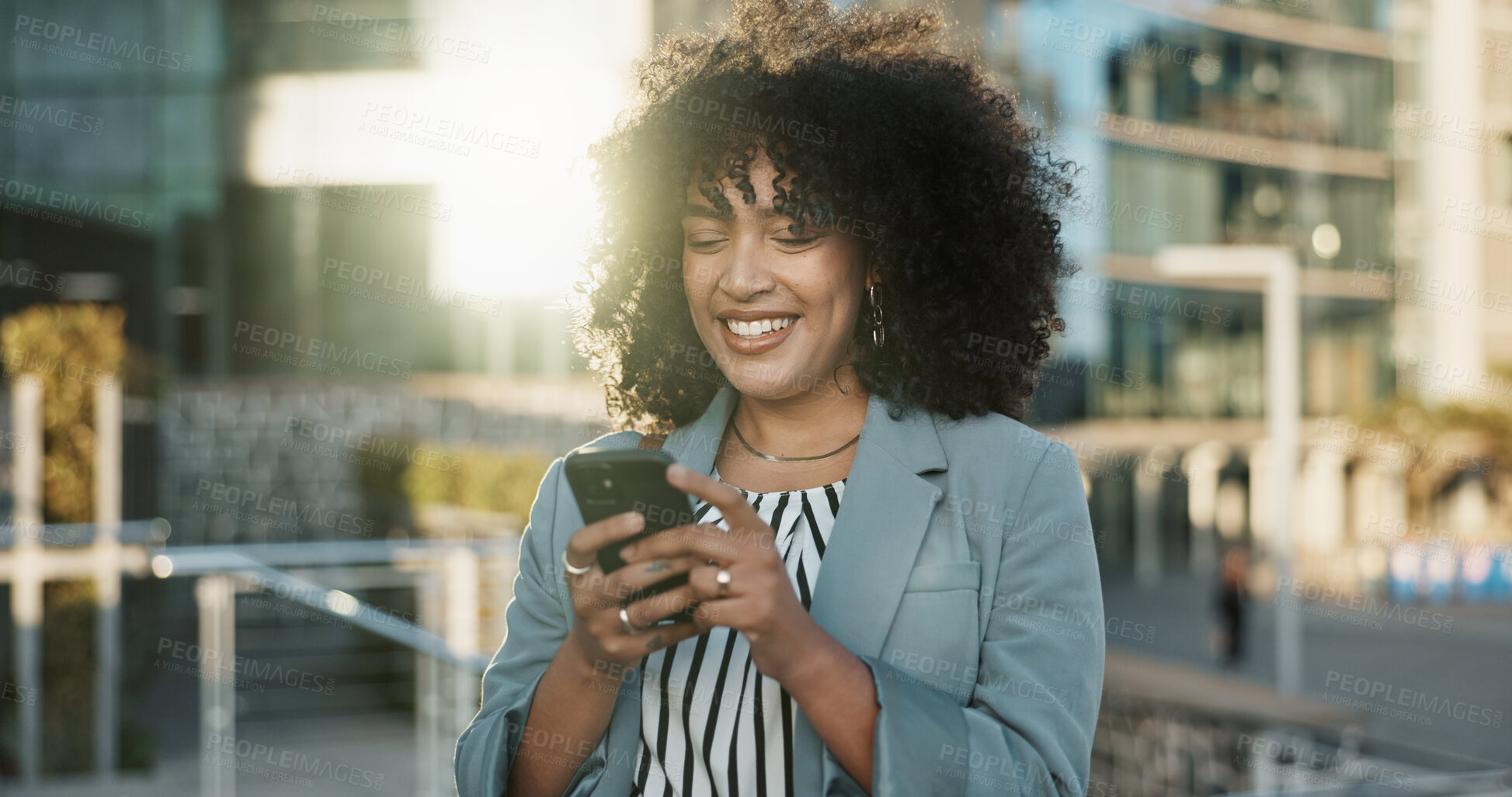 Buy stock photo Outdoor, business and woman with cellphone, typing and contact with mobile user, lens flare and social media. Person, entrepreneur and employee with smartphone, internet and website information