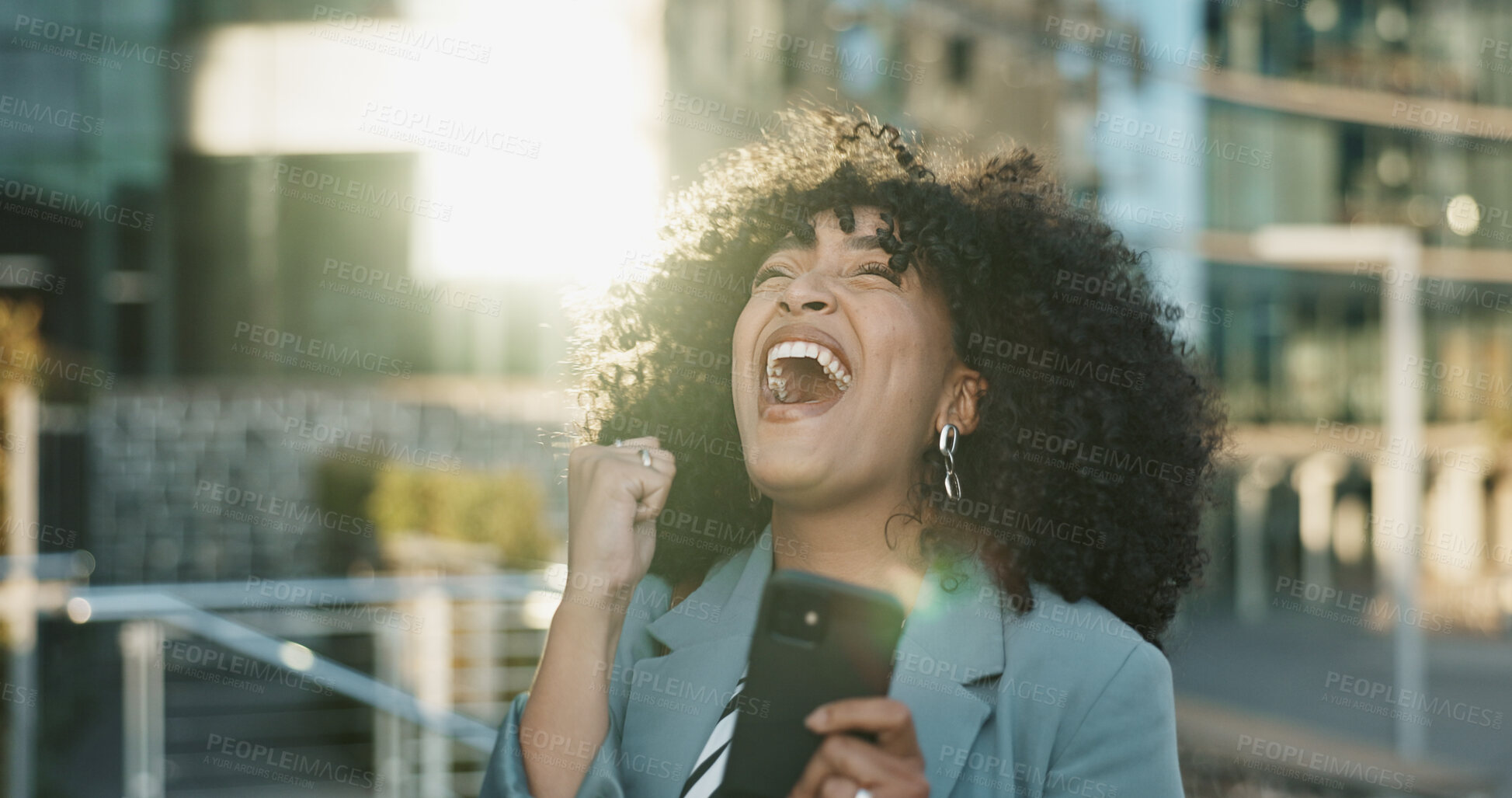 Buy stock photo Happy business woman, phone and winning in city for bonus, promotion or good news in urban town. Excited female person or employee smile on mobile smartphone for achievement or outdoor success