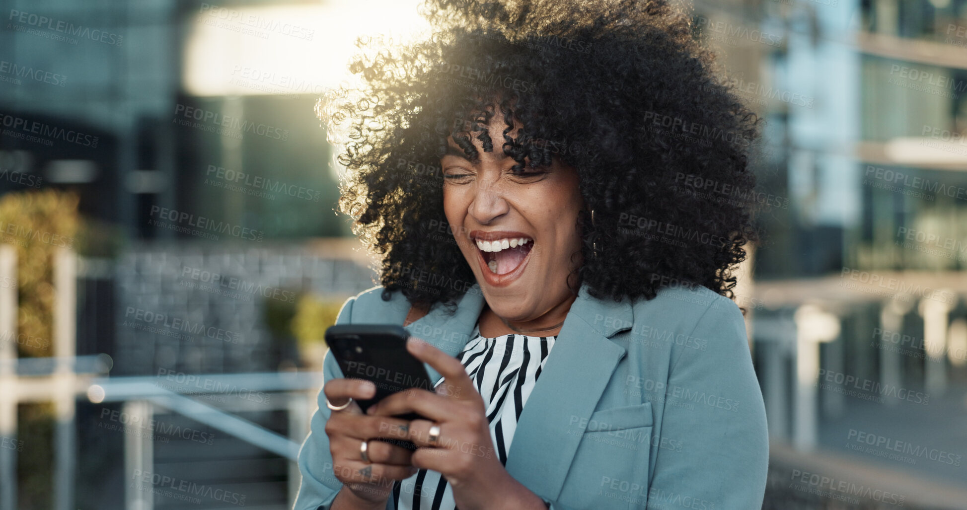 Buy stock photo Happy business woman, phone and winning in city for bonus, promotion or good news in urban town. Excited female person or employee smile on mobile smartphone for achievement or outdoor success