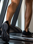 Woman, bodybuilder and athlete on treadmill in workout, exercise or fitness with strong, muscle in gym for health. Abstract background and contrast or anatomy of human with fitness from training