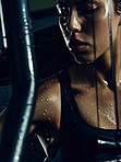 Woman, face and sweat on athlete skin in workout, exercise or body builder with strong, muscle in pose for healthy cardio. Gym, background and texture or anatomy of person with fitness from training