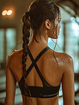 Woman, back and sweat on athlete skin in workout, exercise or bodybuilder with strong, muscle in pose for healthy cardio. Gym, background and texture or anatomy of person with fitness from training