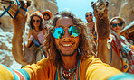 Selfie, desert and camel with smartphone for travel, freedom or vacation. Health, activity and outdoors with friends group and sunset view for wellness, motivation or discovery in nature