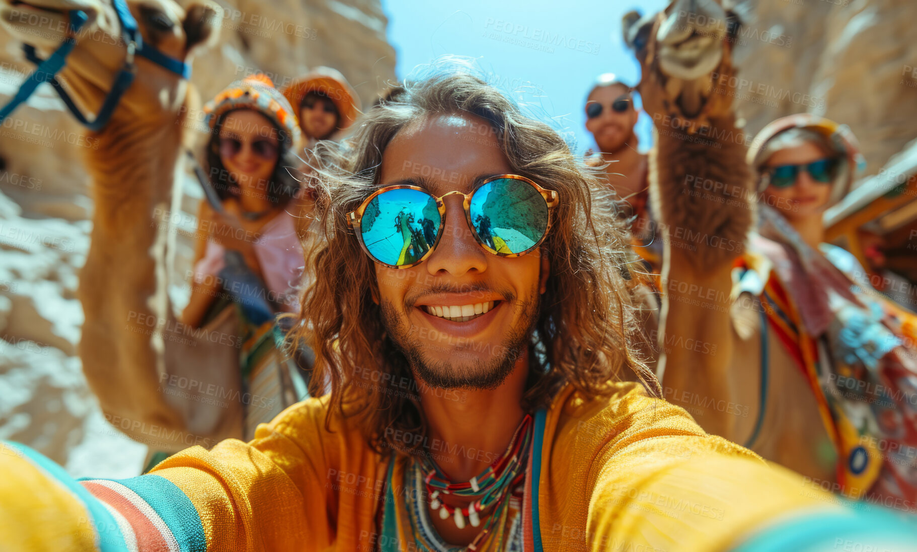 Buy stock photo Selfie, desert and camel with smartphone for travel, freedom or vacation. Health, activity and outdoors with friends group and sunset view for wellness, motivation or discovery in nature