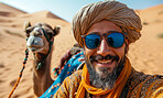 Arabian, desert and camel with friends for travel, freedom or vacation. Health, activity and outdoors with middle east view and sunset view for wellness, motivation or discovery in nature