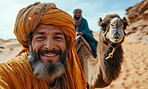 Arabian, desert and camel with friends for travel, freedom or vacation. Health, activity and outdoors with middle east view and sunset view for wellness, motivation or discovery in nature