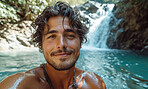 Waterfall, portrait and swimming with hiking for travel, freedom or vacation. Health, activity and outdoors with happy person on landscape view for wellness, motivation or discovery in nature