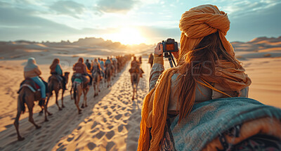 Buy stock photo Woman, desert and camel with group of friends  for travel, freedom or vacation. Health, activity and outdoors with middle east view and sunset view for wellness, motivation or discovery in nature