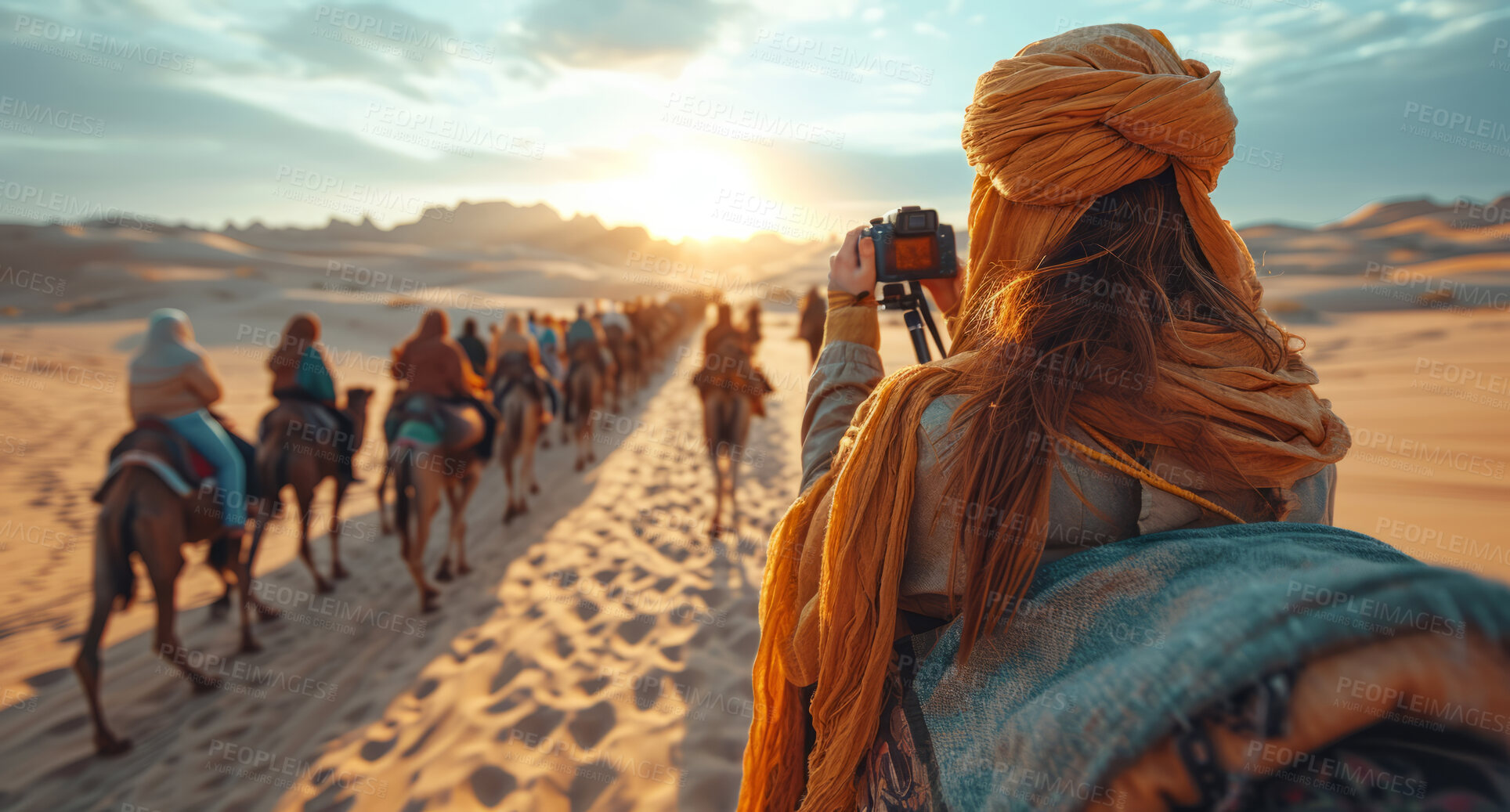 Buy stock photo Woman, desert and camel with group of friends  for travel, freedom or vacation. Health, activity and outdoors with middle east view and sunset view for wellness, motivation or discovery in nature