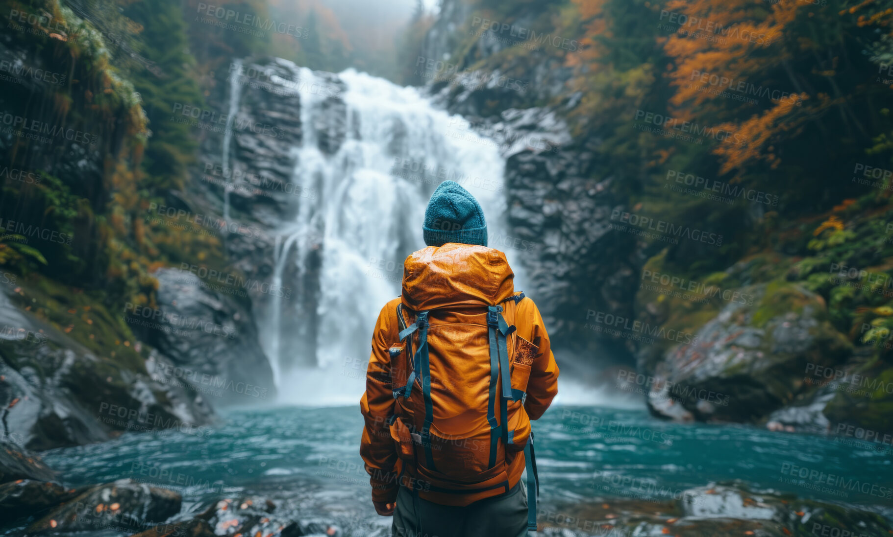 Buy stock photo Waterfall, portrait and man with hiking gear for travel, freedom or vacation. Health, activity and outdoors with person on landscape view for wellness, motivation or discovery in nature