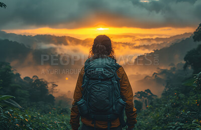 Buy stock photo Relax, adventure and background with hiking gear for travel, freedom or vacation. Health, activity and outdoors with person on landscape view for wellness, motivation or discovery in nature