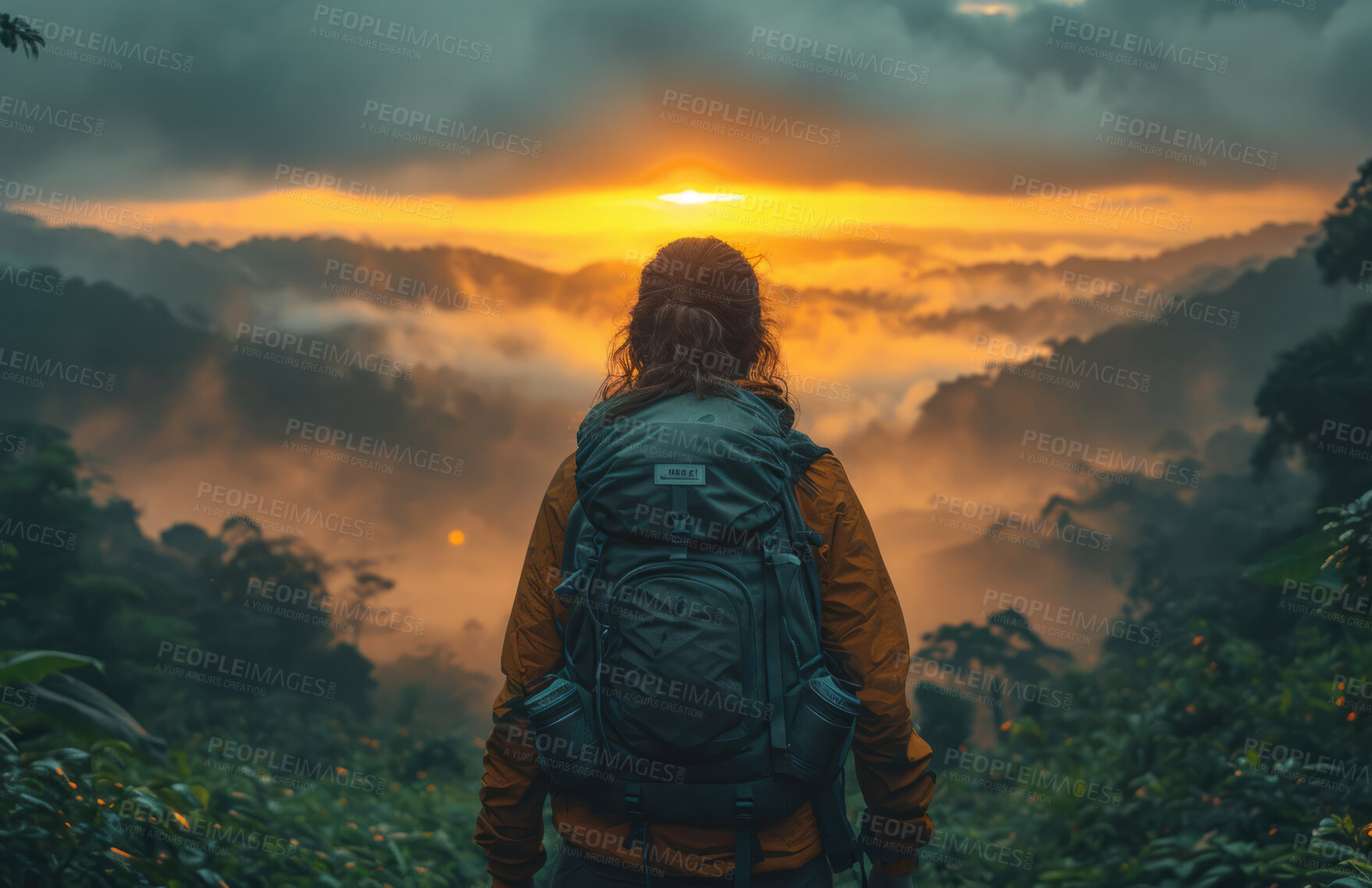 Buy stock photo Relax, adventure and background with hiking gear for travel, freedom or vacation. Health, activity and outdoors with person on landscape view for wellness, motivation or discovery in nature