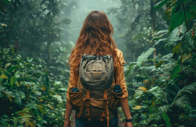 Buy stock photo Forrest, adventure and background with hiking gear for travel, freedom or vacation. Health, activity and outdoors with person on tropical view for wellness, motivation or discovery in nature