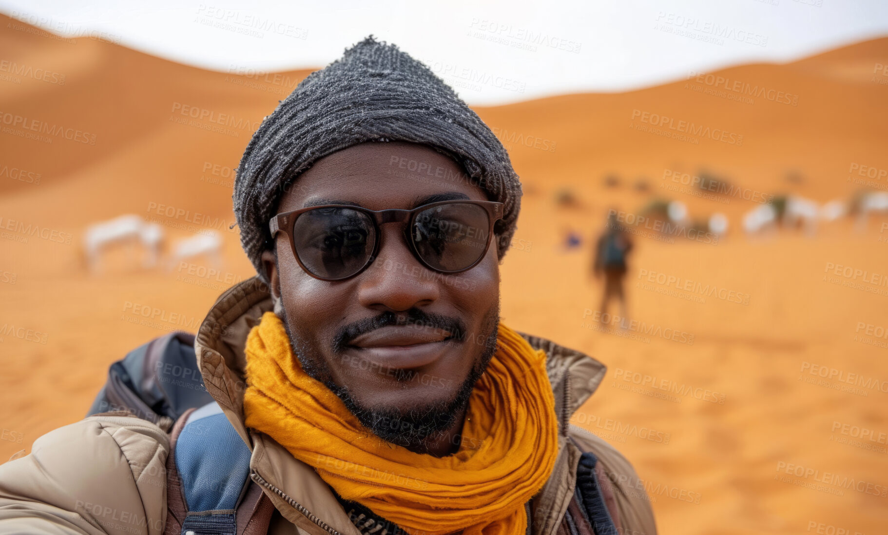 Buy stock photo African man, desert and background with glasses  for travel, freedom or vacation. Health, activity and outdoors with selfie theme and sunset view for wellness, motivation or discovery in nature