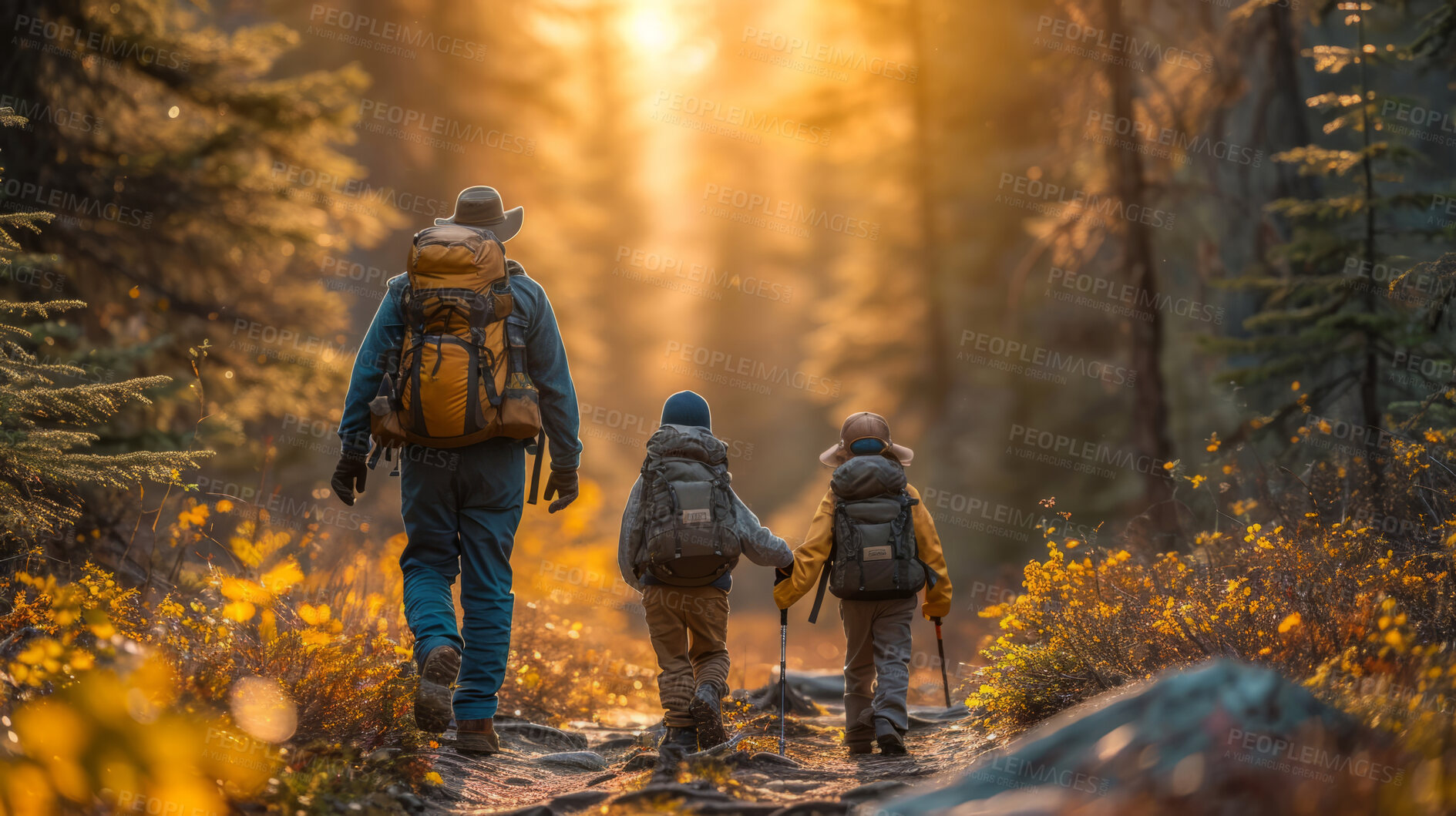 Buy stock photo Sunset, father and children with background for aventure, freedom or vacation. Healthy, activity and outdoors with hiking, forrest or travelling for wellness, motivation or discovery, nature