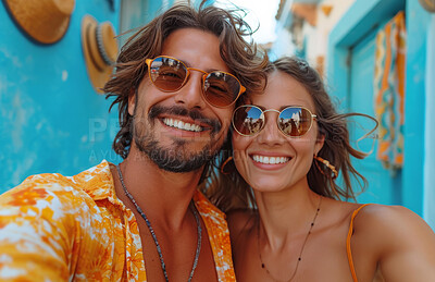 Buy stock photo Young couple, portrait and vacation with love for travel, freedom or village. Glasses, happiness and outdoors with background on airline for wellness, motivation or discovery in nature