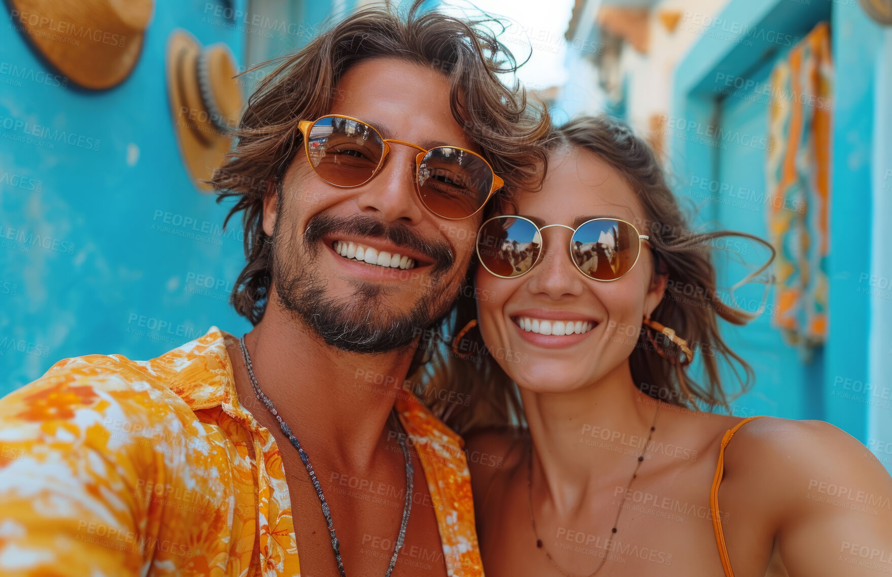 Buy stock photo Young couple, portrait and vacation with love for travel, freedom or village. Glasses, happiness and outdoors with background on airline for wellness, motivation or discovery in nature