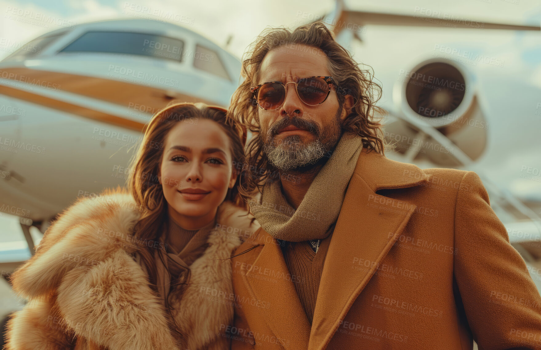 Buy stock photo Young couple, portrait and airplane with love for travel, freedom or vacation. Boarding, happiness and outdoors with background on airline for wellness, motivation or discovery in nature