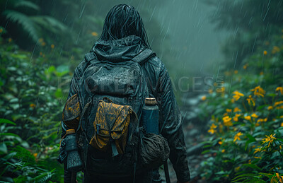 Adventure, person and background with hiking gear for travel, freedom or vacation. Health, activity and outdoors with tropical or jungle view for wellness, motivation or discovery in nature