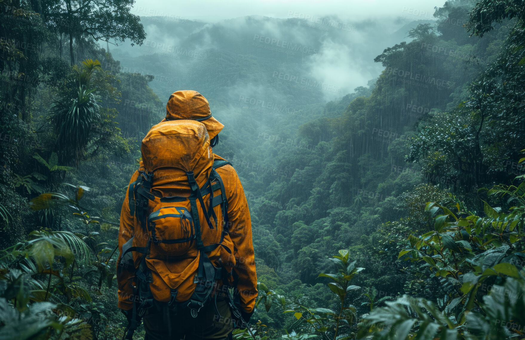 Buy stock photo Relax, adventure and background with hiking gear for travel, freedom or vacation. Health, activity and outdoors with person on landscape view for wellness, motivation or discovery in nature