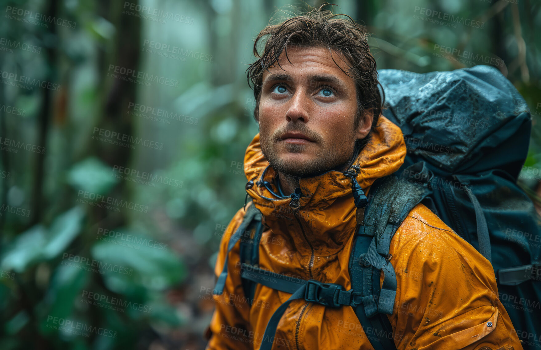 Buy stock photo Adventure, person and background with hiking gear for travel, freedom or vacation. Health, activity and outdoors with tropical or jungle view for wellness, motivation or discovery in nature