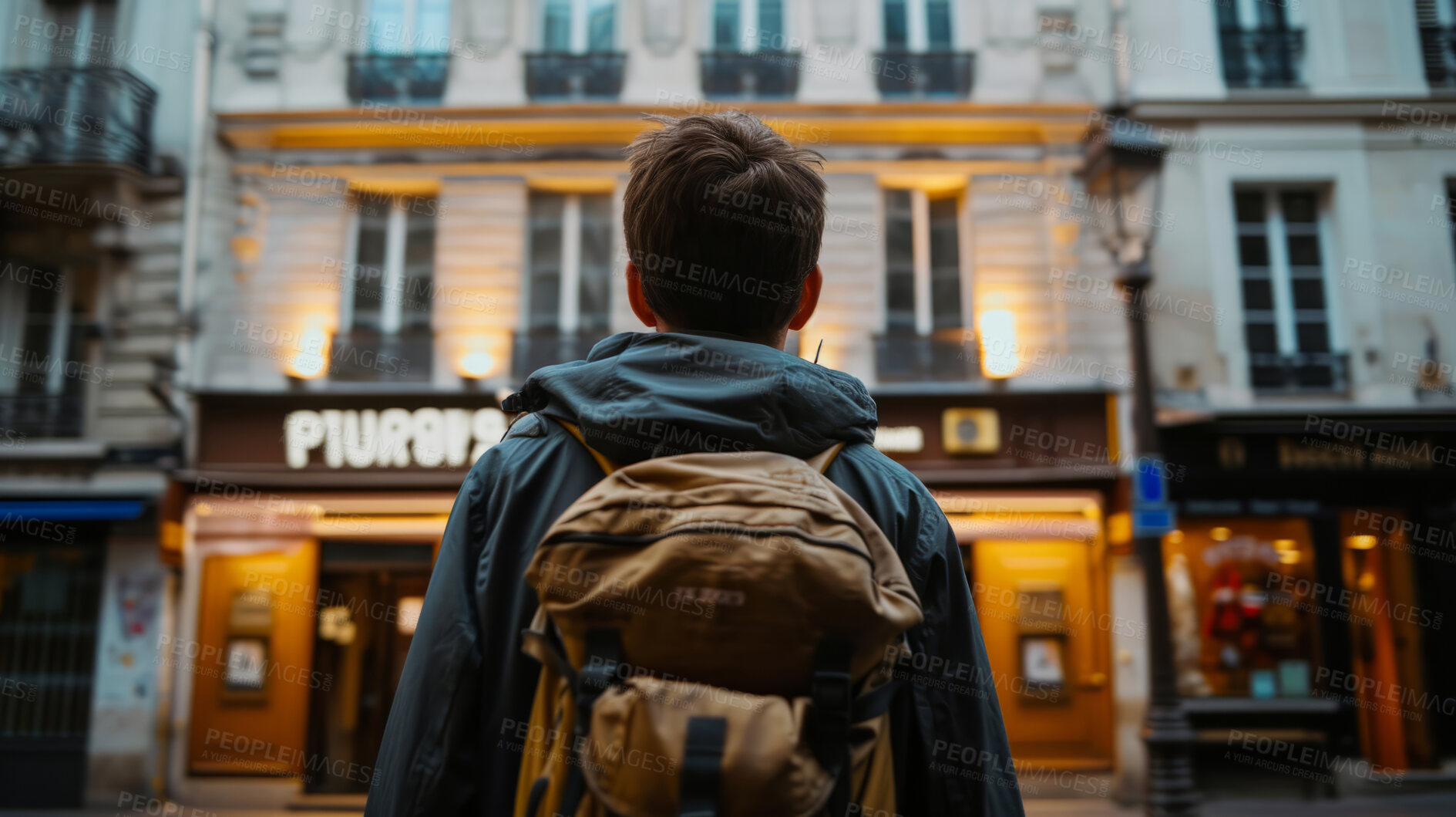 Buy stock photo Anonymous, adventure and backpack with man tourist for travel, freedom or training vacation. Health, workout and bag with person on city street for winner, motivation or exercise in nature