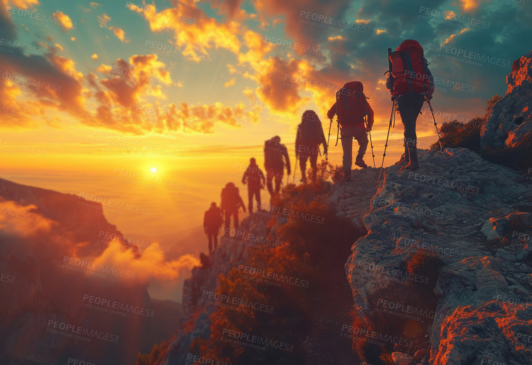Buy stock photo Mountain peak, adventure and background with hiking gear for travel, freedom or vacation. Health, activity and outdoors with group on landscape view for wellness, motivation or discovery in nature